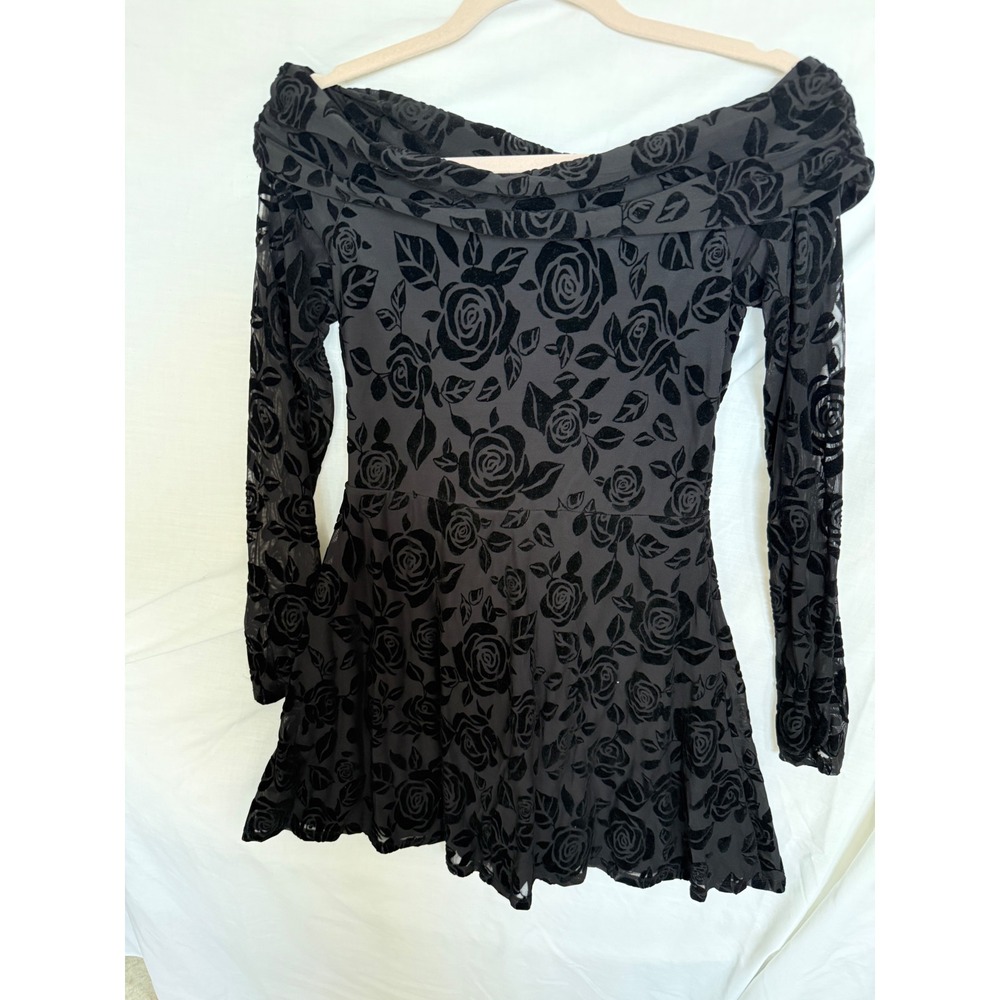 Black Velvet Rose Burnout Off Shoulder Skater Mini Dress Floral Mesh Long Sleeve